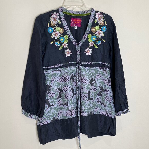 Johnny Was Silk Floral Embroidered Empire Waist Babydoll Long Sleeve Blouse - Picture 1 of 11